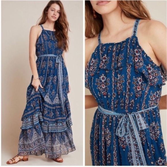 Anthropologie Sasha Ruffled Maxi Dress Blue NWT Women’s size small boho ANTHRO - Picture 5 of 9